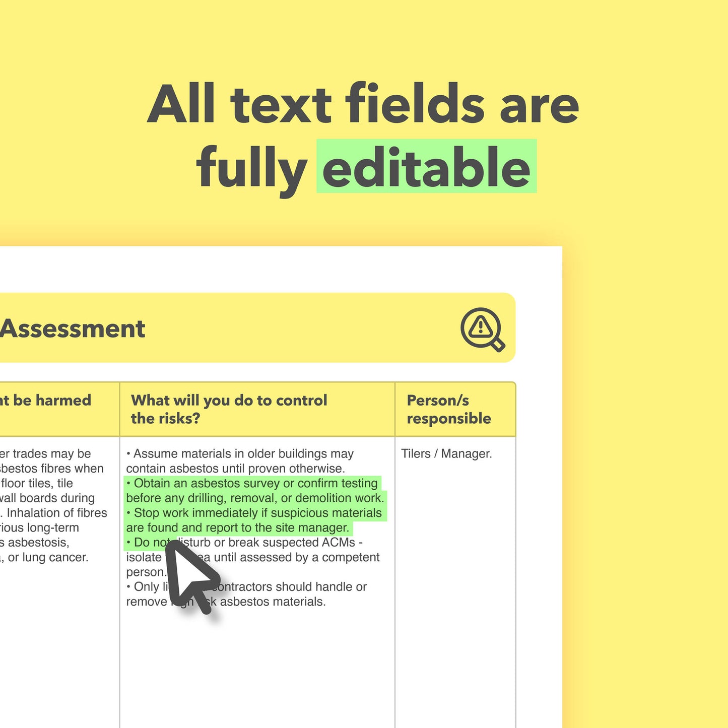 Editable, pre-filled risk assessment template for tilers, tiling work and tiling businesses – easy to use and fully compliant with health and safety regulations.