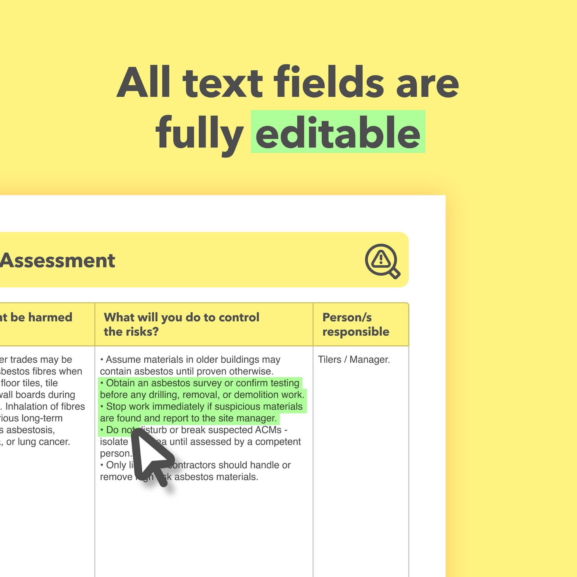 Editable, pre-filled risk assessment template for tilers, tiling work and tiling businesses – easy to use and fully compliant with health and safety regulations.
