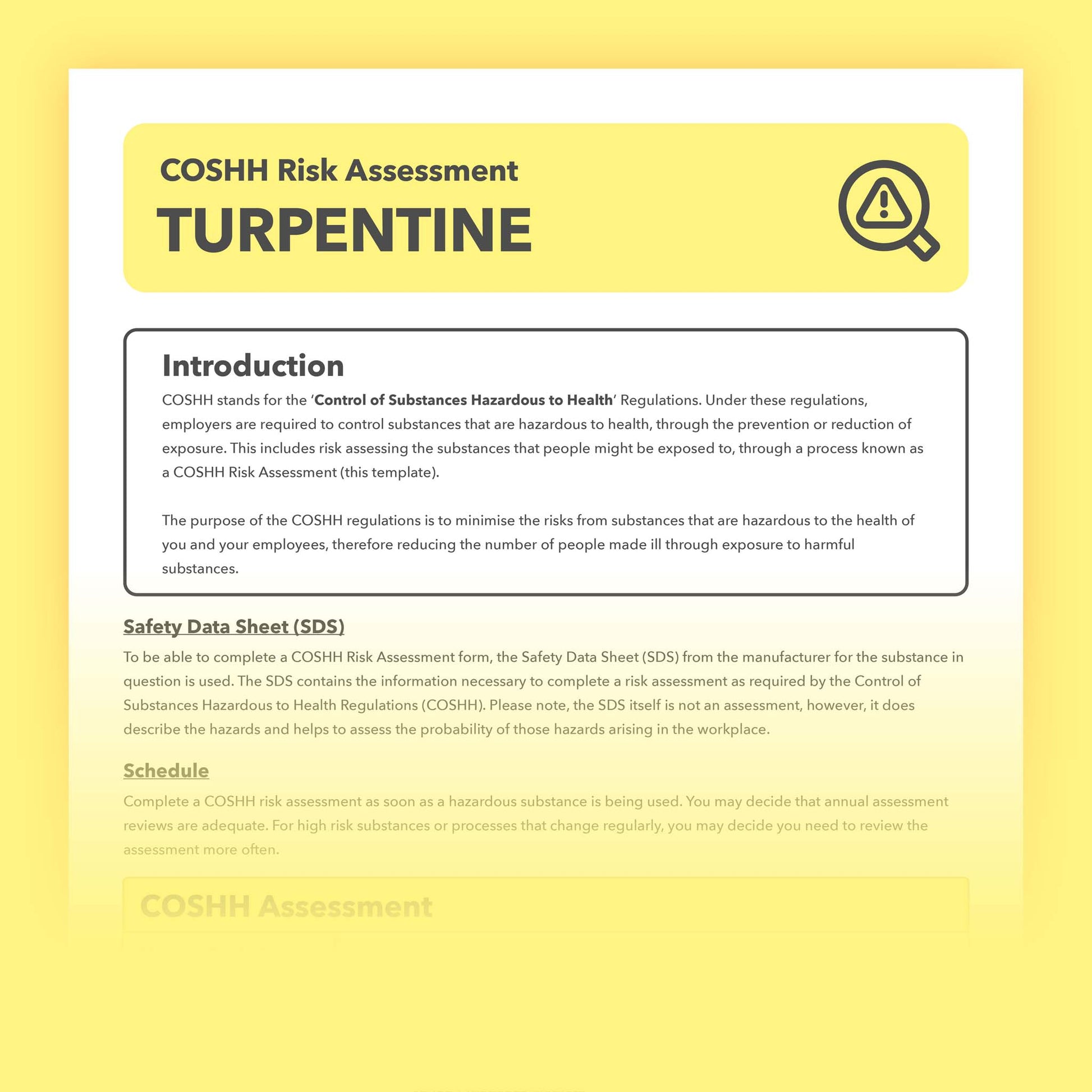 Prefillled COSHH risk assessment for turpentine