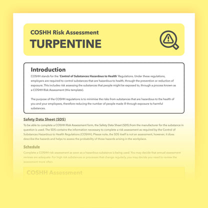 Prefillled COSHH risk assessment for turpentine