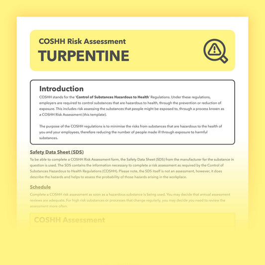 Prefillled COSHH risk assessment for turpentine