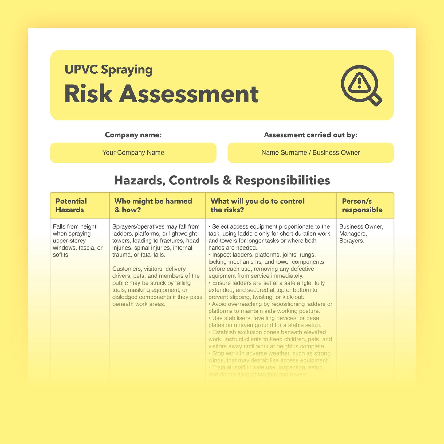 Editable, pre-filled risk assessment template for UPVC sprayers, exterior respraying companies, and UPVC window and door refinishing businesses — easy to use and compliant with health and safety requirements.