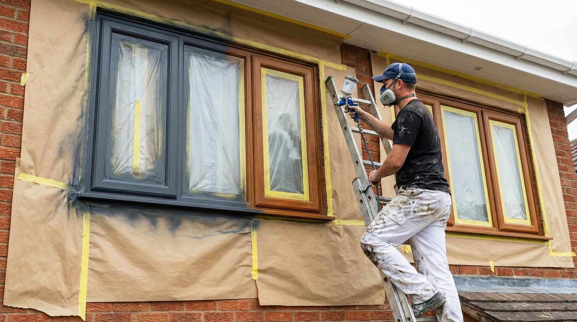UPVC sprayer spray painting the windows of a clients house.