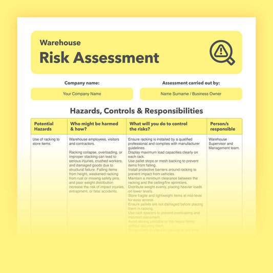 Editable, pre-filled risk assessment template for warehouses, distribution centres, and fulfilment centres – easy to use and fully compliant with health and safety regulations.