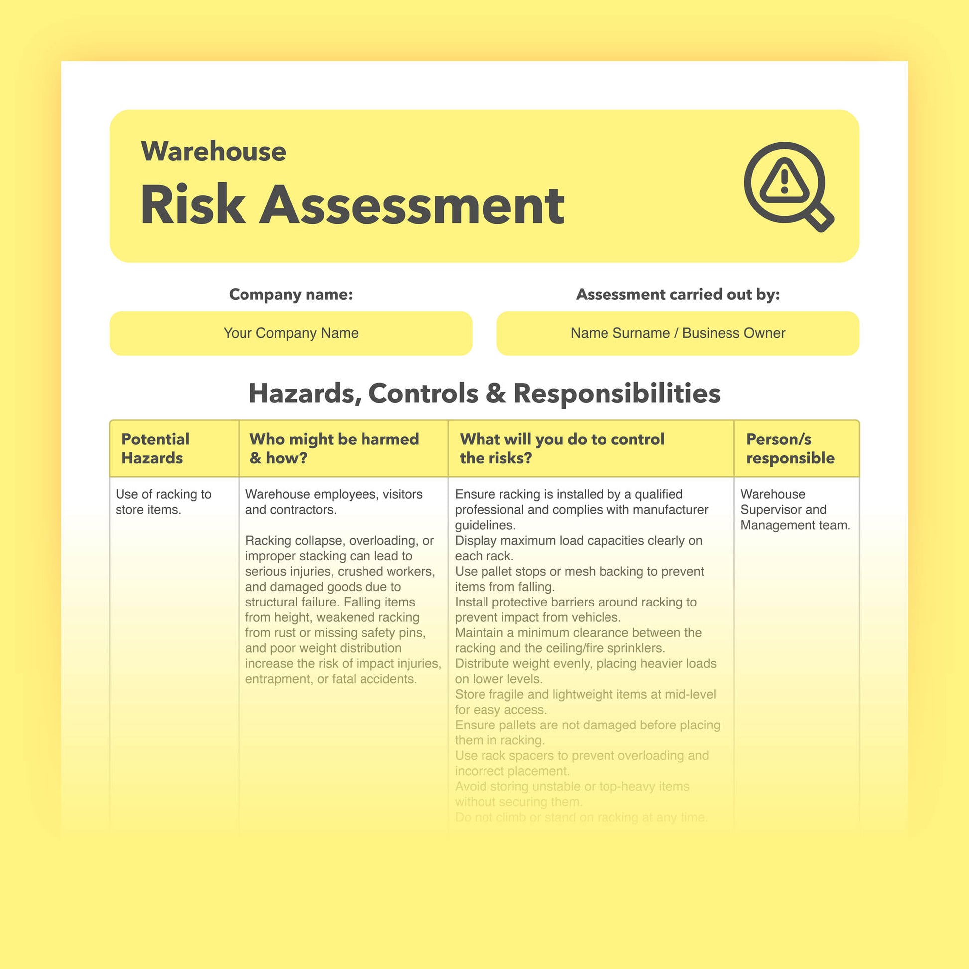 Risk assessment template for Warehouses. This health and safety risk assessment comes pre-filled for ease of use.