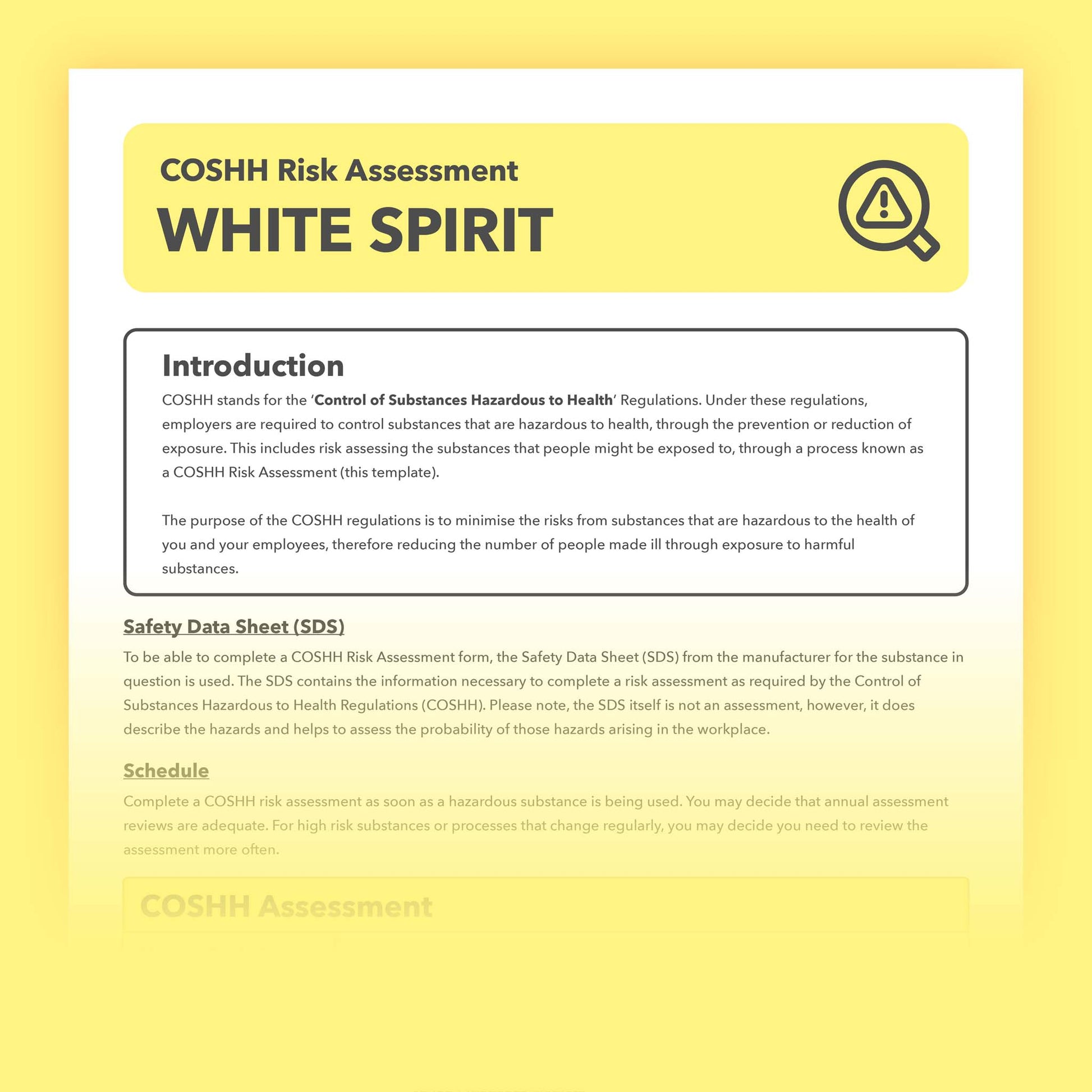 Prefillled COSHH risk assessment for white spirit