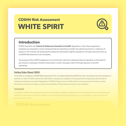 Prefillled COSHH risk assessment for white spirit