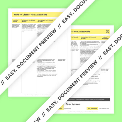 Editable, pre-filled risk assessment template for window cleaners and window cleaning businesses – suitable for domestic and commercial work, easy to use and fully compliant with health and safety regulations.
