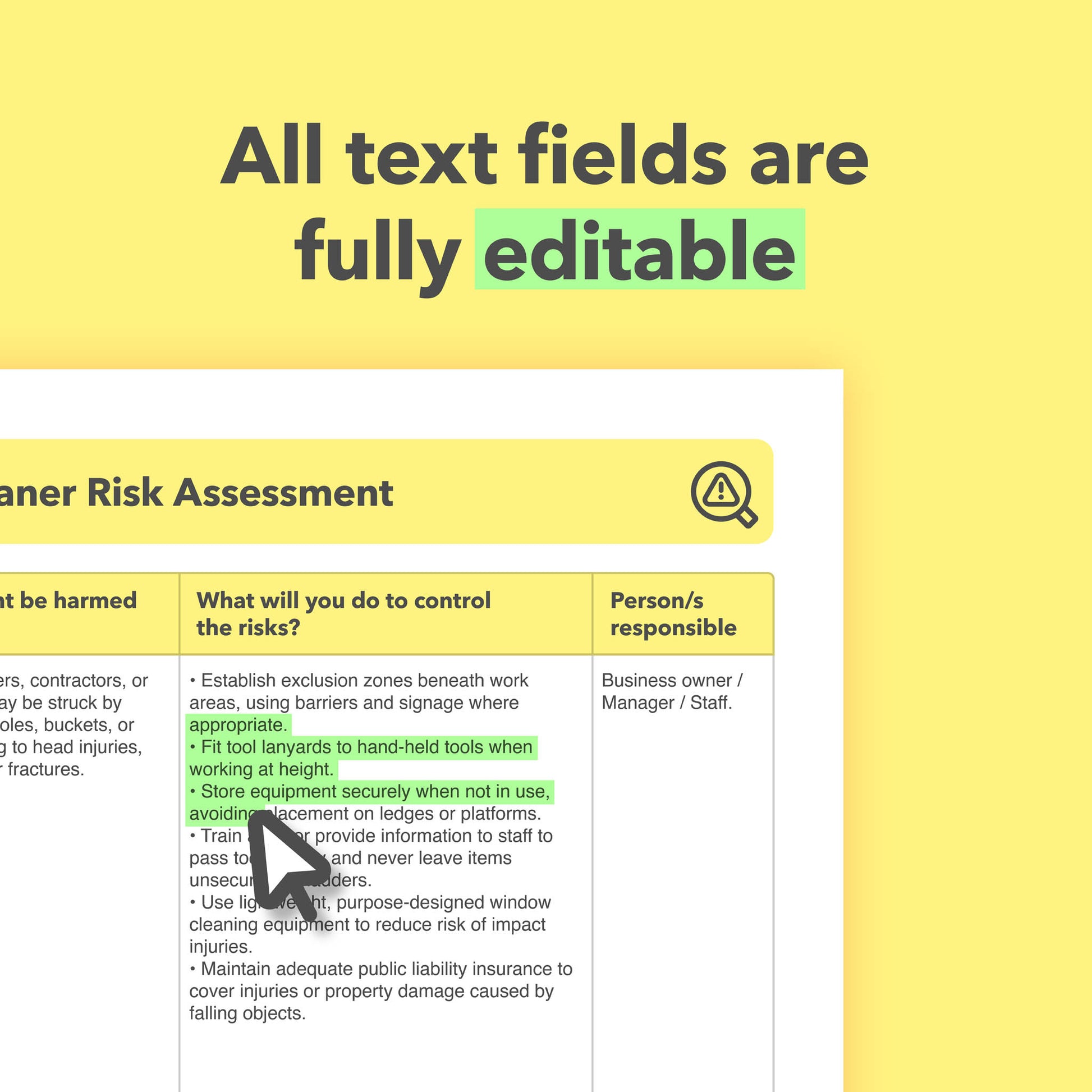 Editable, pre-filled risk assessment template for window cleaners and window cleaning businesses – suitable for domestic and commercial work, easy to use and fully compliant with health and safety regulations.