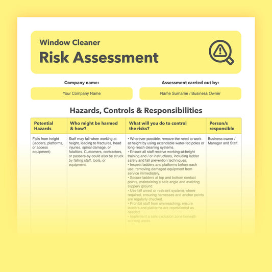 Editable, pre-filled risk assessment template for window cleaners and window cleaning businesses – suitable for domestic and commercial work, easy to use and fully compliant with health and safety regulations.