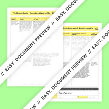 Risk assessment template for working at height using extension ladders and step ladders. This health and safety risk assessment comes pre-filled for ease of use.