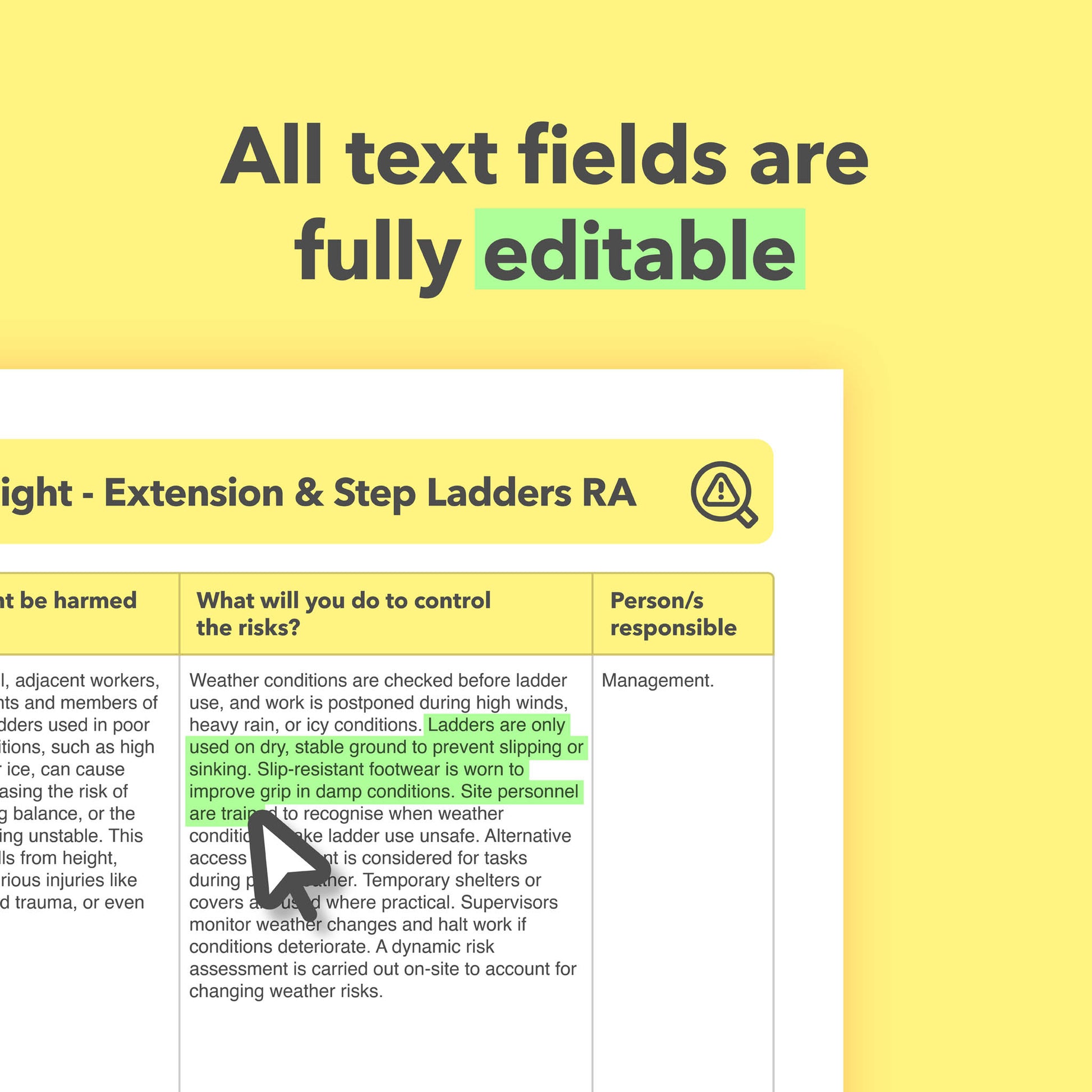 Risk assessment template for working at height using extension ladders and step ladders. This health and safety risk assessment comes pre-filled for ease of use.
