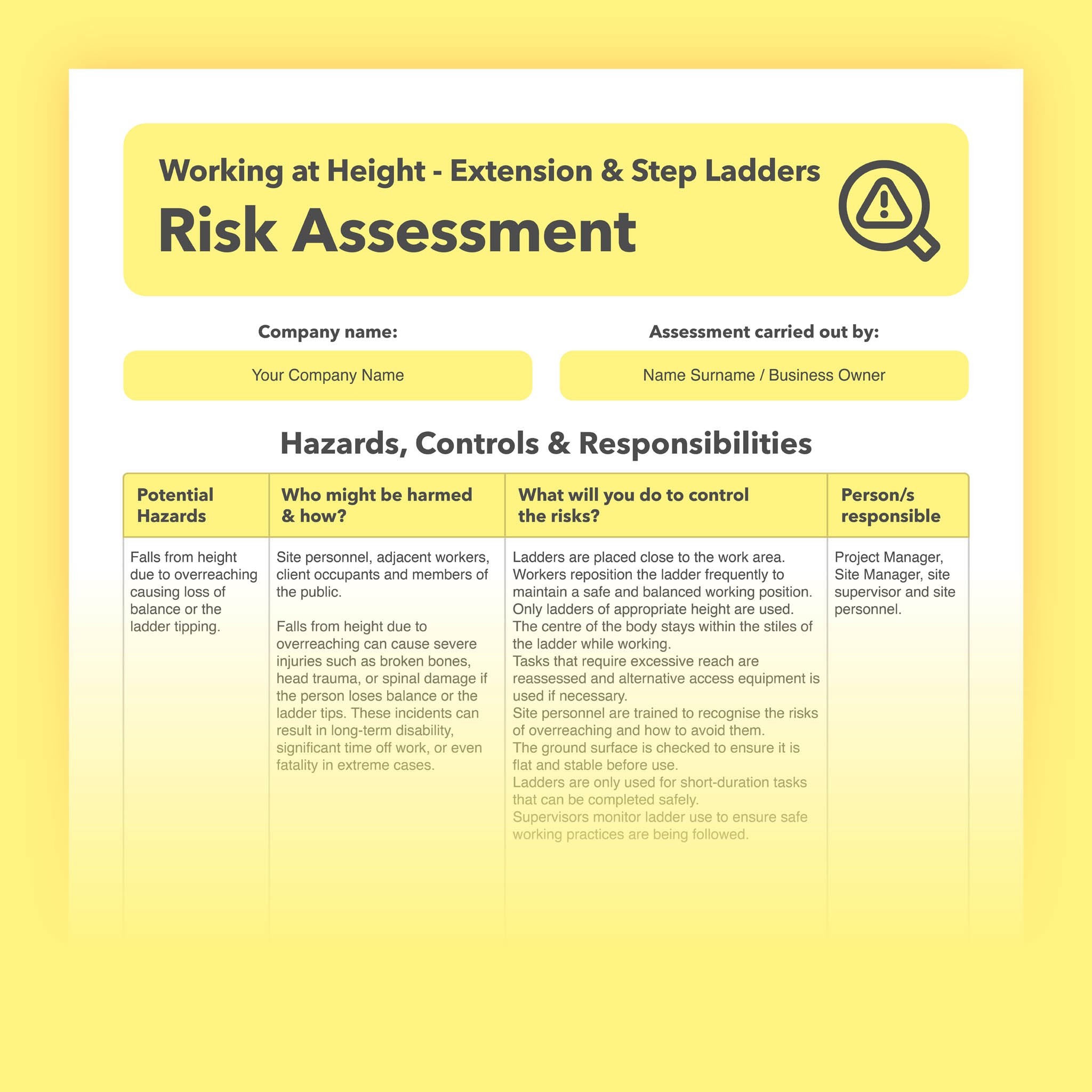 Step & Extension Ladder Risk Assessment Template | Easy To Use ...