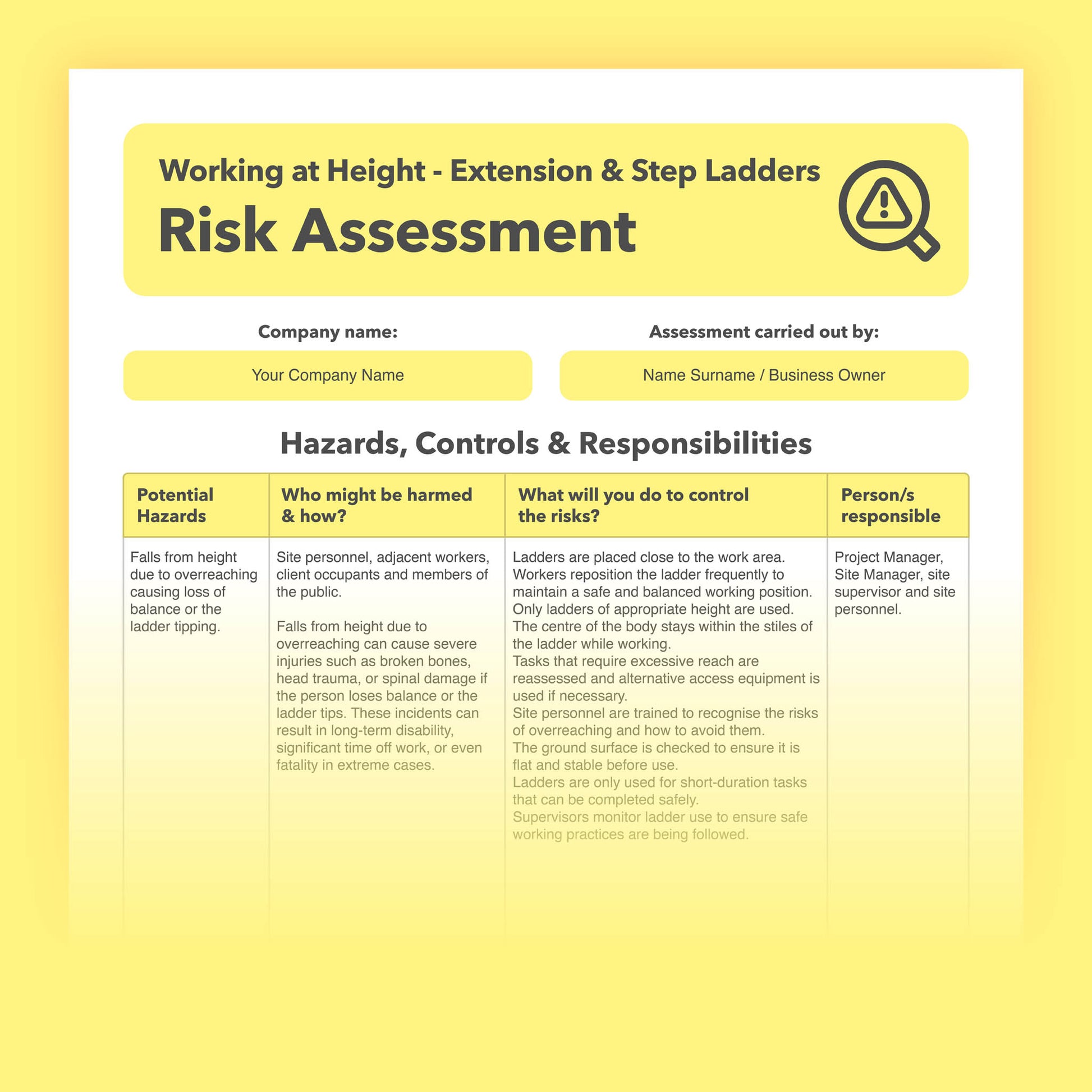 Risk assessment template for working at height using extension ladders and step ladders. This health and safety risk assessment comes pre-filled for ease of use.