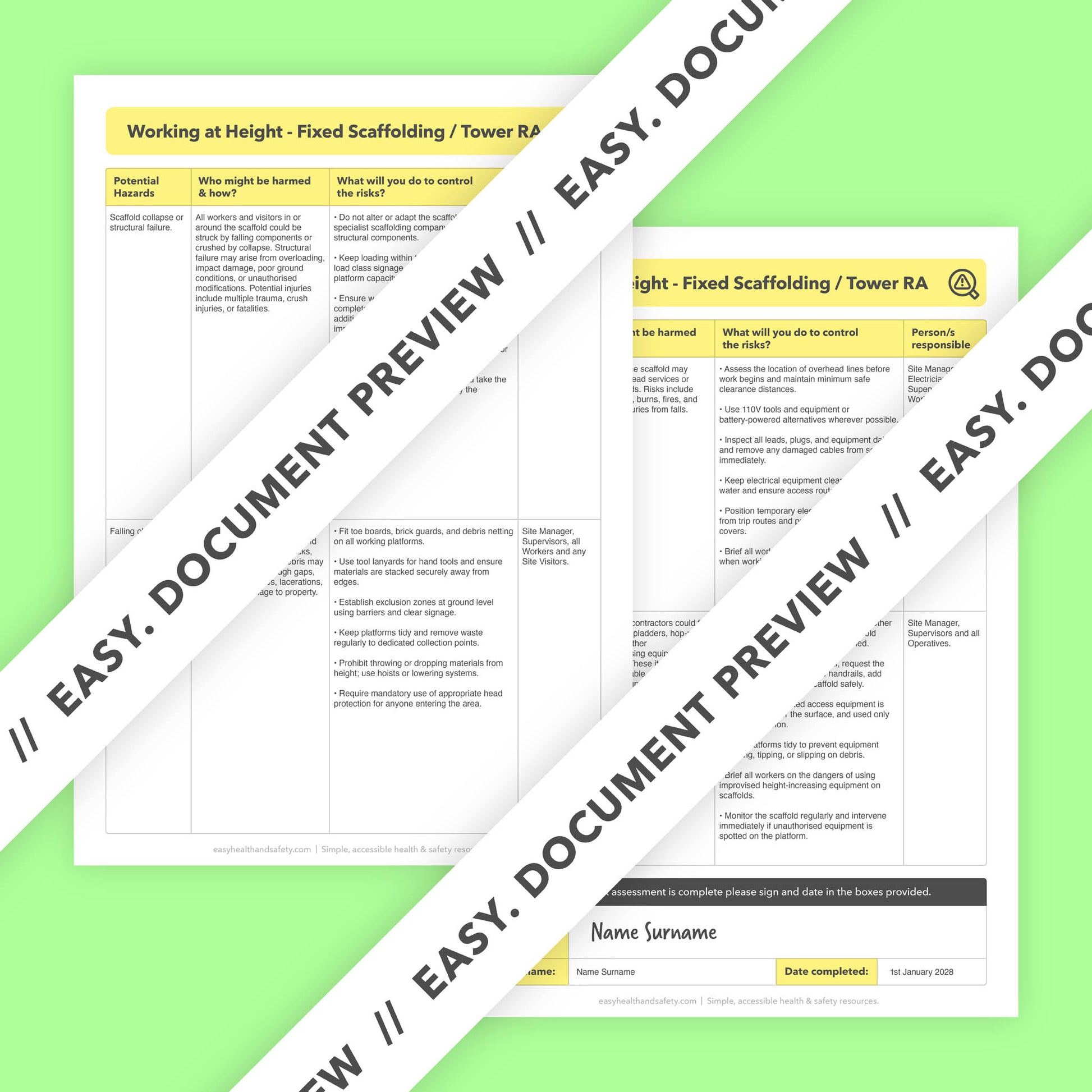 Editable, pre-filled risk assessment template for working at height using fixed scaffold towers – easy to use and fully compliant with health and safety regulations.
