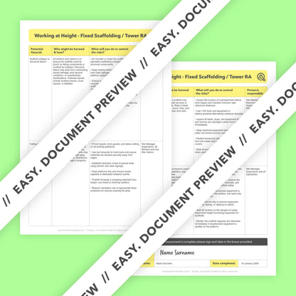 Editable, pre-filled risk assessment template for working at height using fixed scaffold towers – easy to use and fully compliant with health and safety regulations.