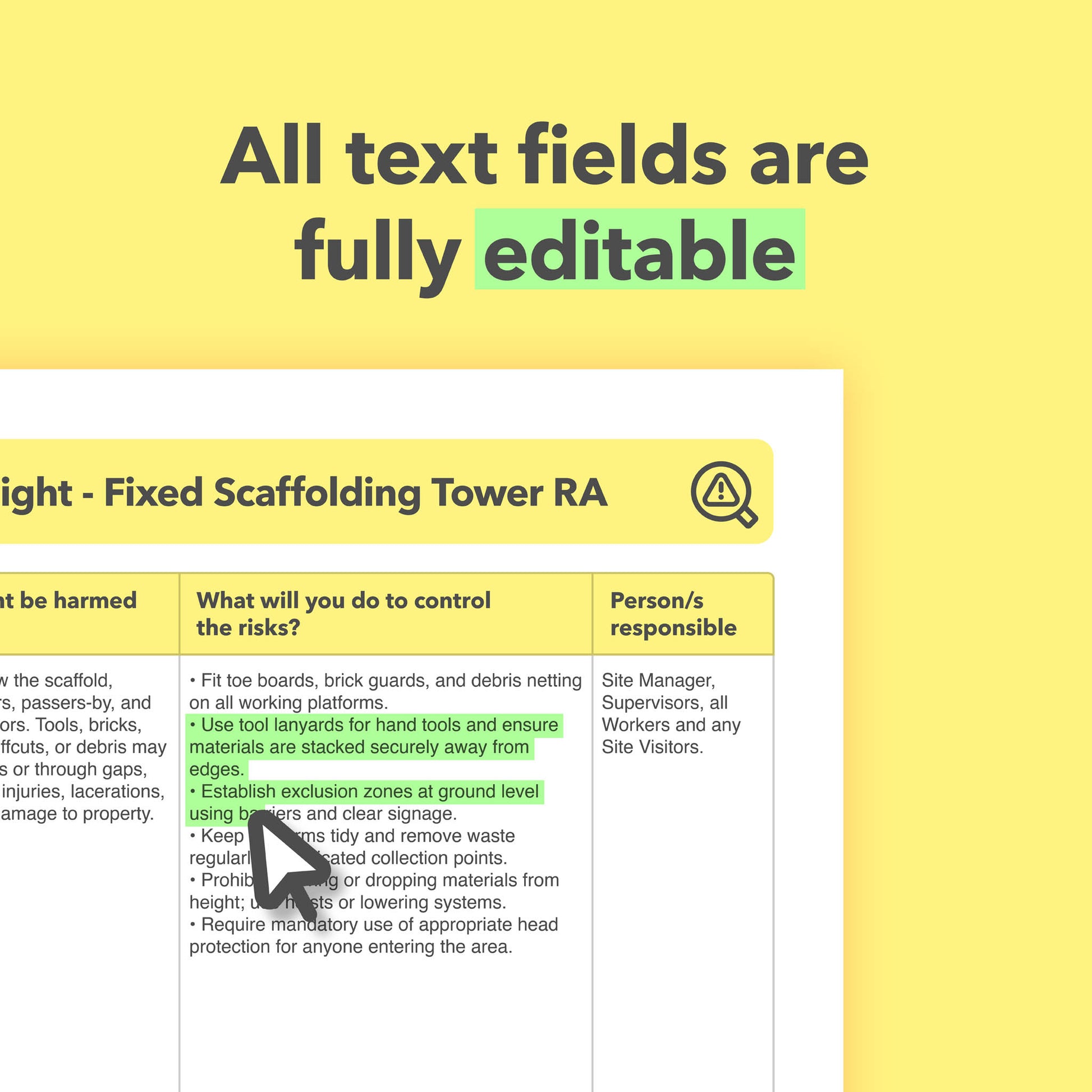Editable, pre-filled risk assessment template for working at height using fixed scaffold towers – easy to use and fully compliant with health and safety regulations.