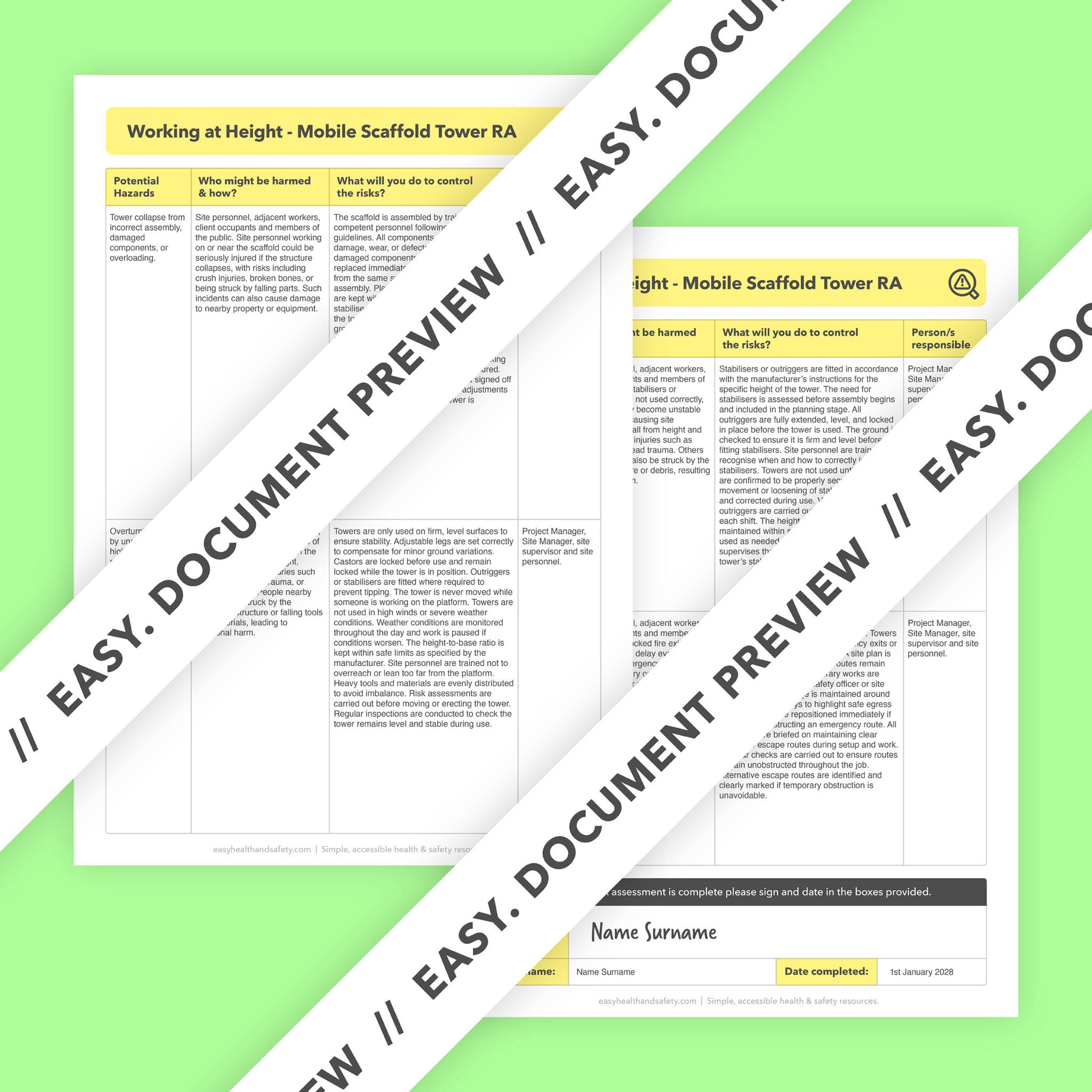 Risk assessment template for working at height using mobile scaffold towers. This health and safety risk assessment comes pre-filled for ease of use.