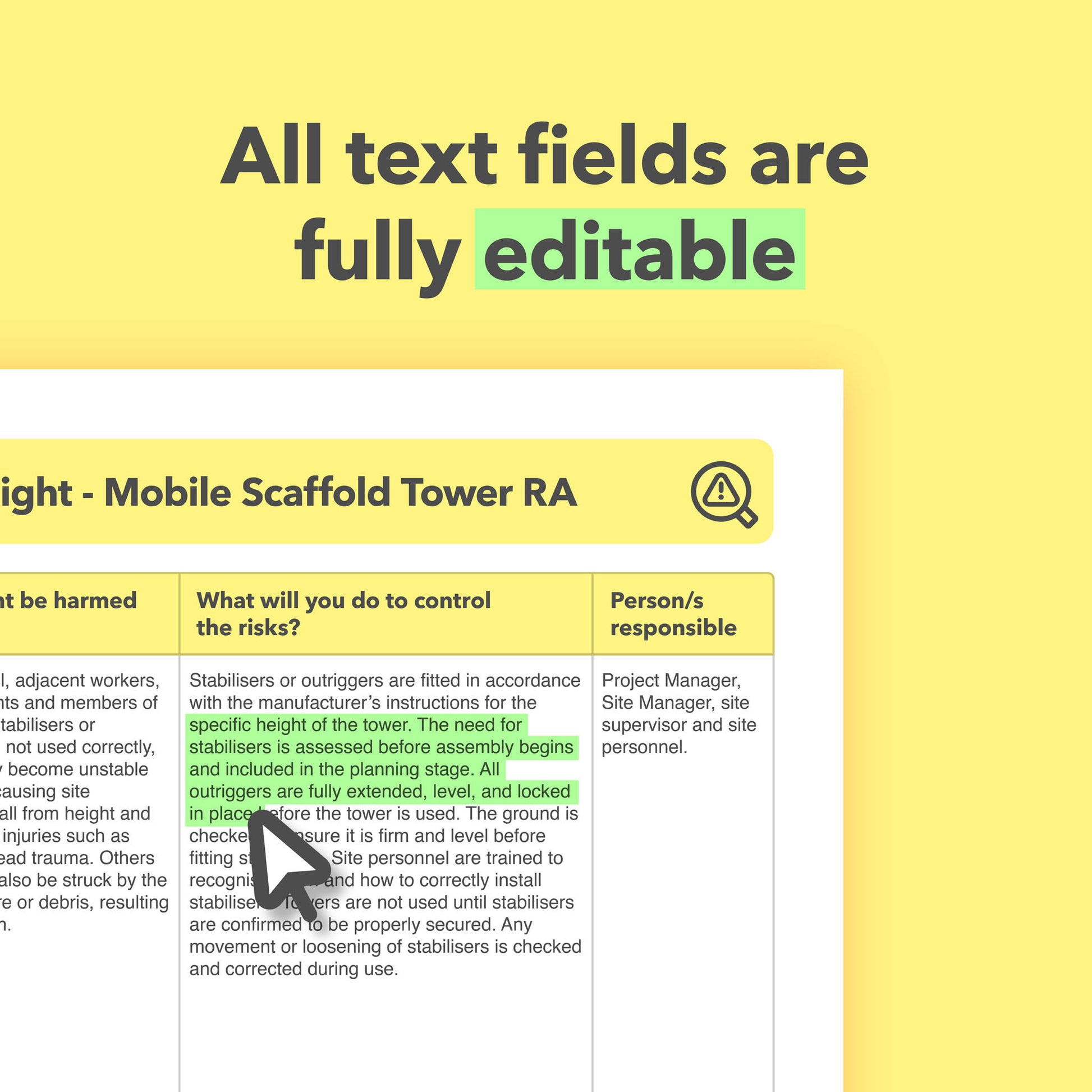Risk assessment template for working at height using mobile scaffold towers. This health and safety risk assessment comes pre-filled for ease of use.