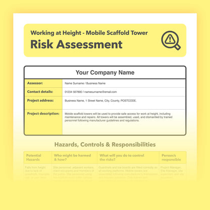 Risk assessment template for working at height using mobile scaffold towers. This health and safety risk assessment comes pre-filled for ease of use.