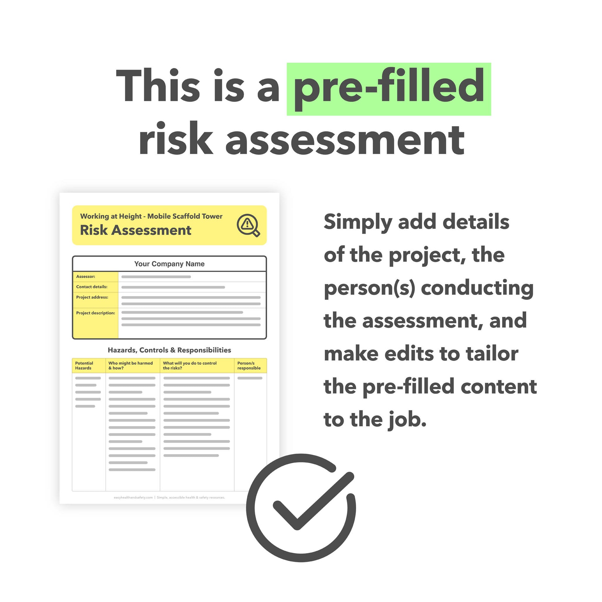 Risk assessment template for working at height using mobile scaffold towers. This health and safety risk assessment comes pre-filled for ease of use.