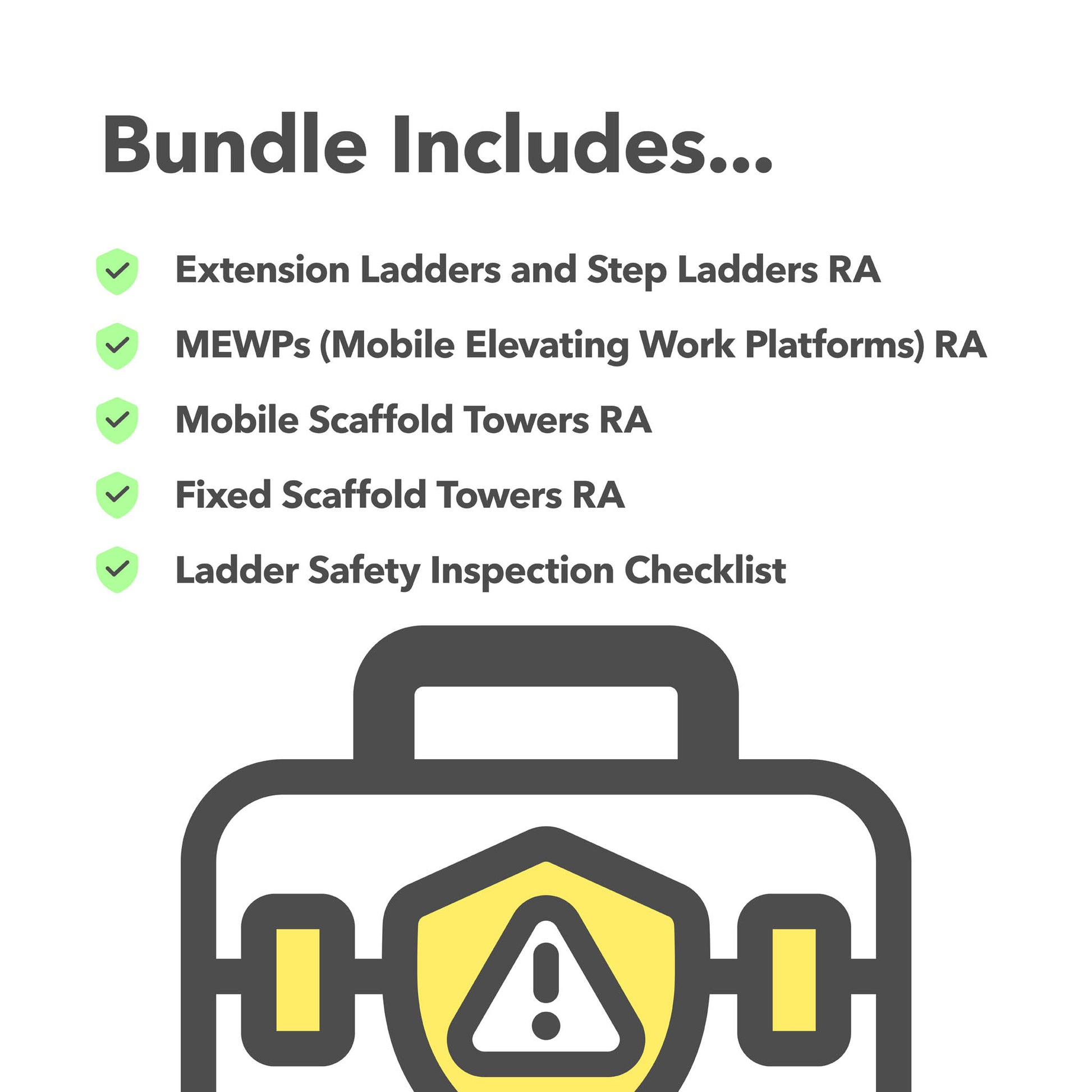 Editable, pre-filled risk assessment template bundle for working at height using MEWPs, extension ladders, step ladders, mobile scaffold towers, and fixed scaffolding – easy-to-use and fully compliant with health and safety regulations.