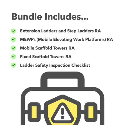 Editable, pre-filled risk assessment template bundle for working at height using MEWPs, extension ladders, step ladders, mobile scaffold towers, and fixed scaffolding – easy-to-use and fully compliant with health and safety regulations.