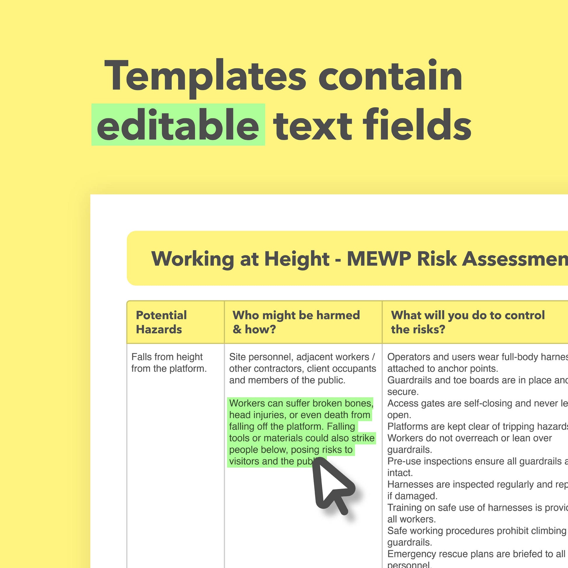 Editable, pre-filled risk assessment template bundle for working at height using MEWPs, extension ladders, step ladders, mobile scaffold towers, and fixed scaffolding – easy-to-use and fully compliant with health and safety regulations.