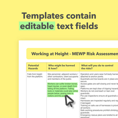 Editable, pre-filled risk assessment template bundle for working at height using MEWPs, extension ladders, step ladders, mobile scaffold towers, and fixed scaffolding – easy-to-use and fully compliant with health and safety regulations.