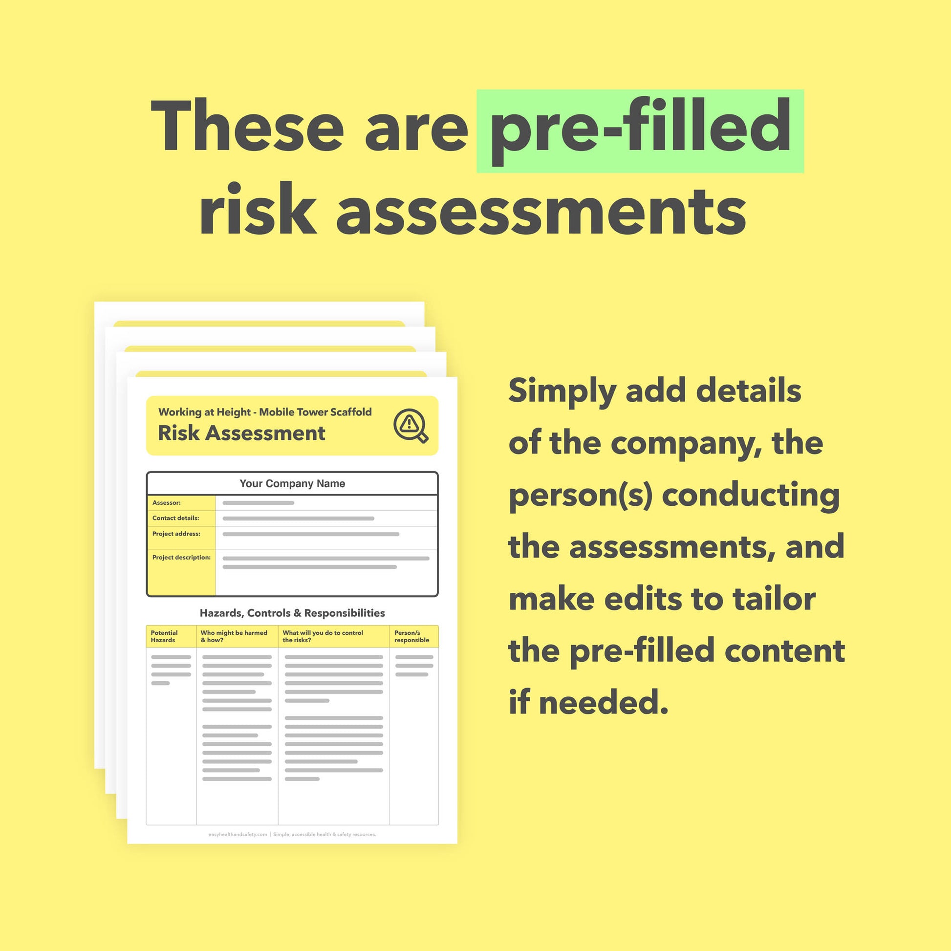 Editable, pre-filled risk assessment template bundle for working at height using MEWPs, extension ladders, step ladders, mobile scaffold towers, and fixed scaffolding – easy-to-use and fully compliant with health and safety regulations.