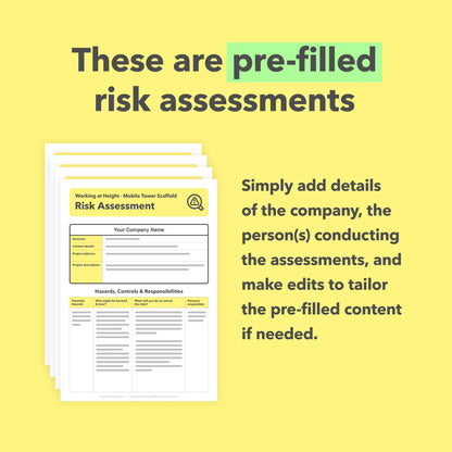 Editable, pre-filled risk assessment template bundle for working at height using MEWPs, extension ladders, step ladders, mobile scaffold towers, and fixed scaffolding – easy-to-use and fully compliant with health and safety regulations.