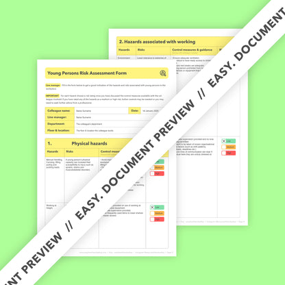 Editable, pre-filled risk assessment for young workers, apprentices, and under-18s – compliant with health and safety regulations.
