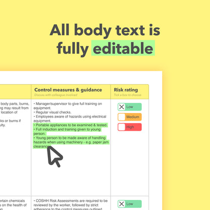 Editable, pre-filled risk assessment for young workers, apprentices, and under-18s – compliant with health and safety regulations.