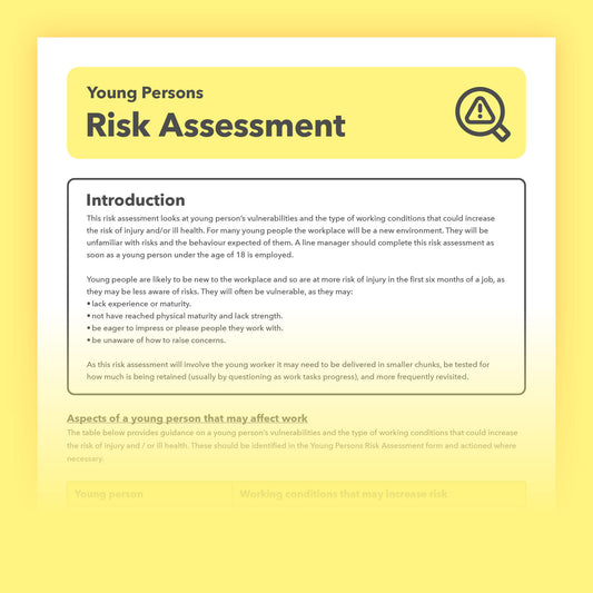 Editable, pre-filled risk assessment for young workers, apprentices, and under-18s – compliant with health and safety regulations.