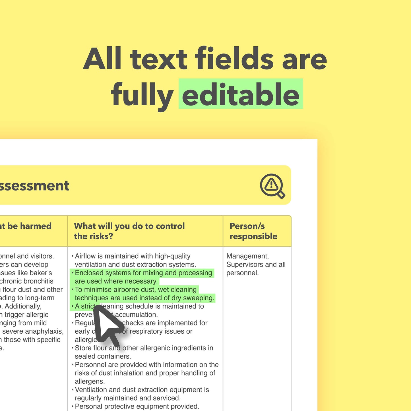 Editable, pre-filled risk assessment template for bakers, bakeries, cake shops, and baking businesses – easy to use for quick health and safety compliance.