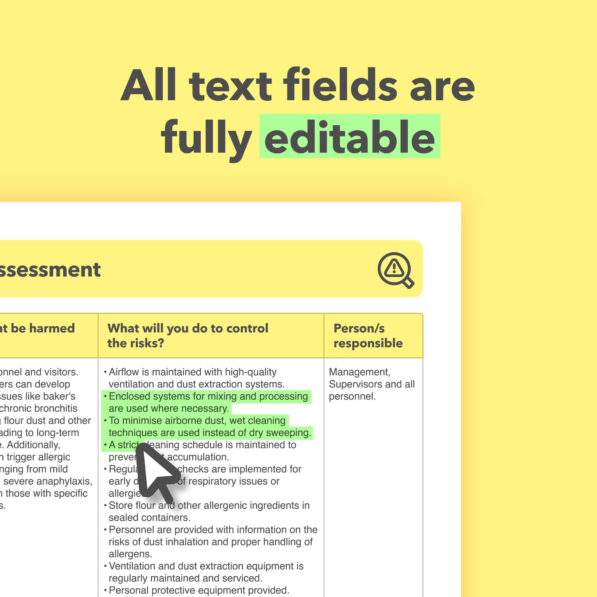 Editable, pre-filled risk assessment template for bakers, bakeries, cake shops, and baking businesses – easy to use for quick health and safety compliance.