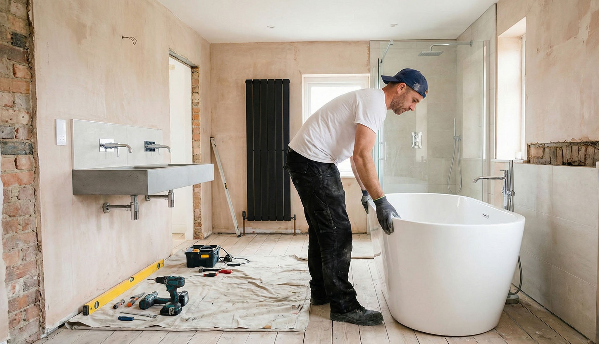 Bathroom fitter positioning a freestanding bath during a bathroom installation, showing manual handling and safe setup on a bathroom refit job.