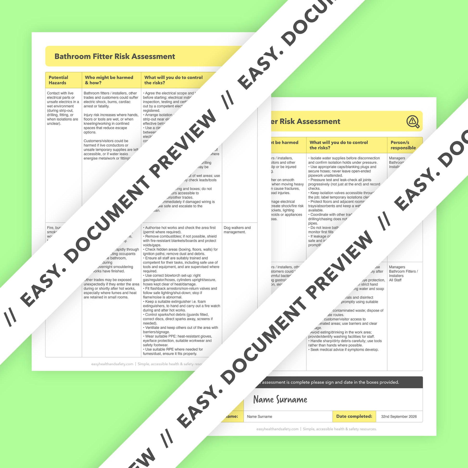 Editable, pre-filled risk assessment template for bathroom fitters, bathroom installers and bathroom fitting businesses – easy to use and compliant with health and safety regulations.