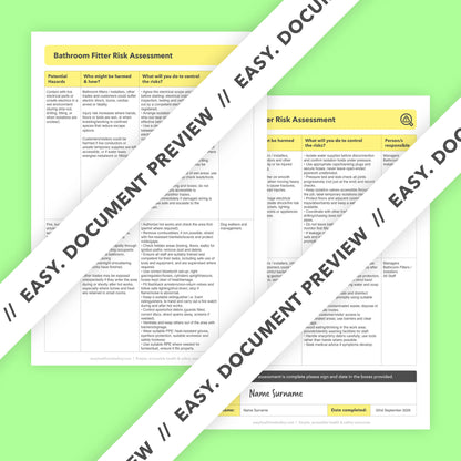 Editable, pre-filled risk assessment template for bathroom fitters, bathroom installers and bathroom fitting businesses – easy to use and compliant with health and safety regulations.