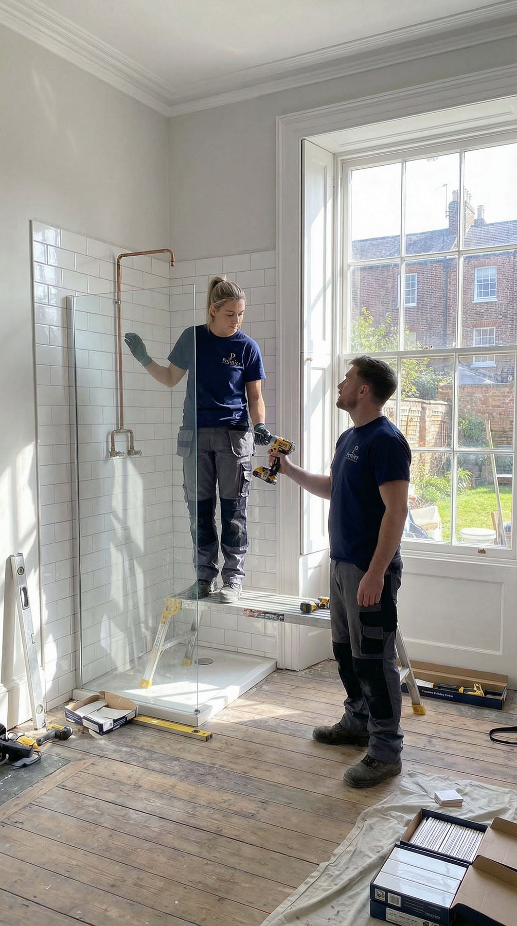 Bathroom fitters installing a walk-in shower screen during a bathroom installation, using power tools and access equipment in a domestic bathroom refit.