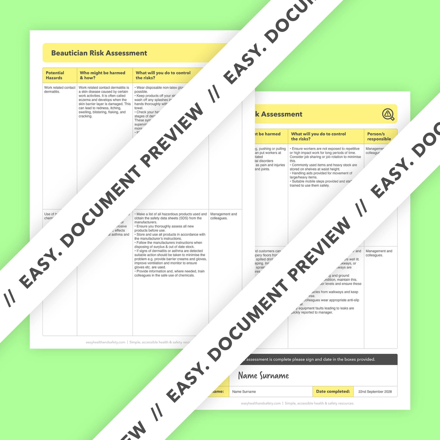 Editable, pre-filled risk assessment template for beauticians, beauty salons, aestheticians, and cosmetologists – easy to use for quick health and safety compliance.