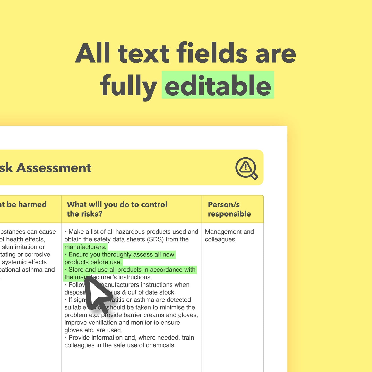 Editable, pre-filled risk assessment template for beauticians, beauty salons, aestheticians, and cosmetologists – easy to use for quick health and safety compliance.