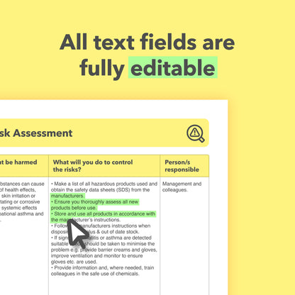 Editable, pre-filled risk assessment template for beauticians, beauty salons, aestheticians, and cosmetologists – easy to use for quick health and safety compliance.