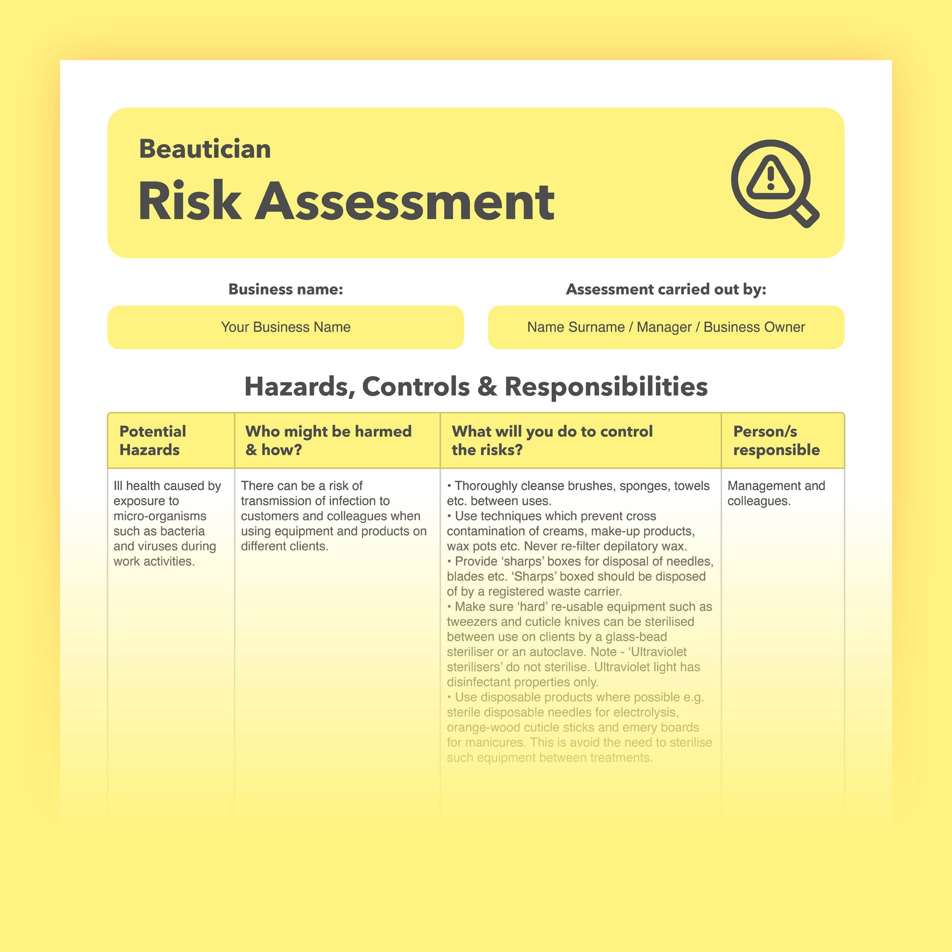Editable, pre-filled risk assessment template for beauticians, beauty salons, aestheticians, and cosmetologists – easy to use for quick health and safety compliance.