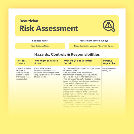 Editable, pre-filled risk assessment template for beauticians, beauty salons, aestheticians, and cosmetologists – easy to use for quick health and safety compliance.