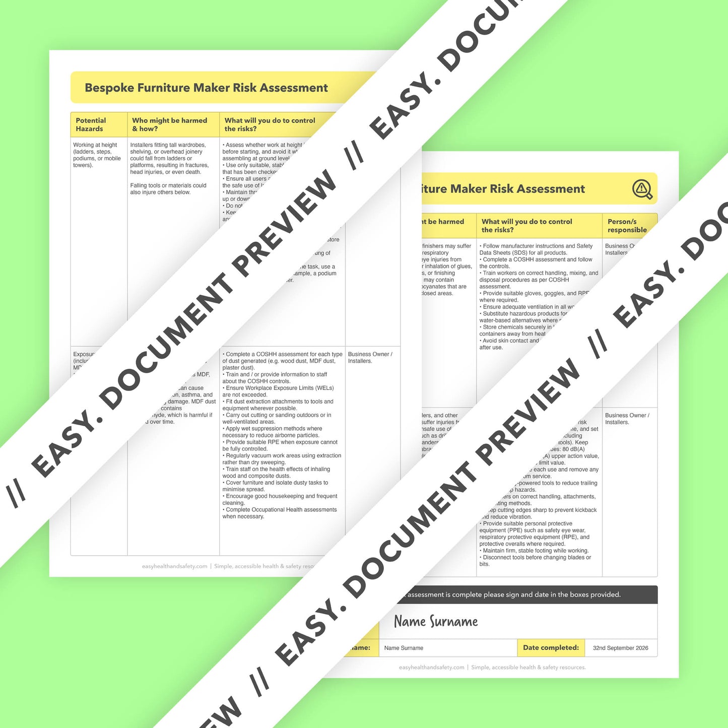 Editable, pre-filled risk assessment template for bespoke furniture makers, bespoke joinery, cabinet makers, and fitted furniture installers – easy to use for quick health and safety compliance.