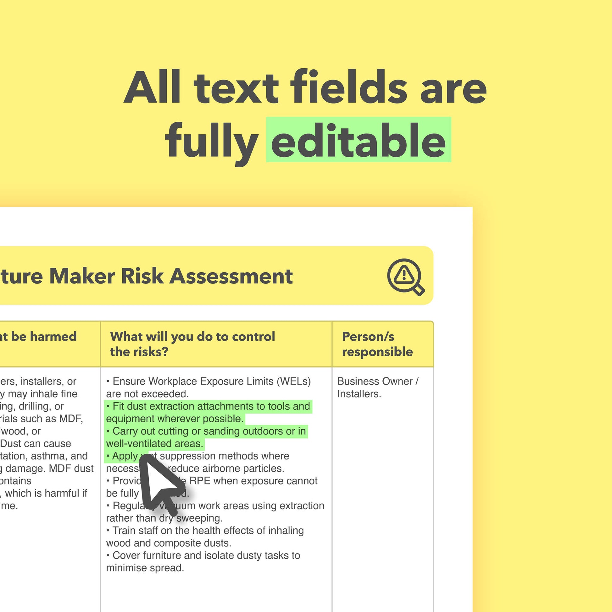 Editable, pre-filled risk assessment template for bespoke furniture makers, bespoke joinery, cabinet makers, and fitted furniture installers – easy to use for quick health and safety compliance.