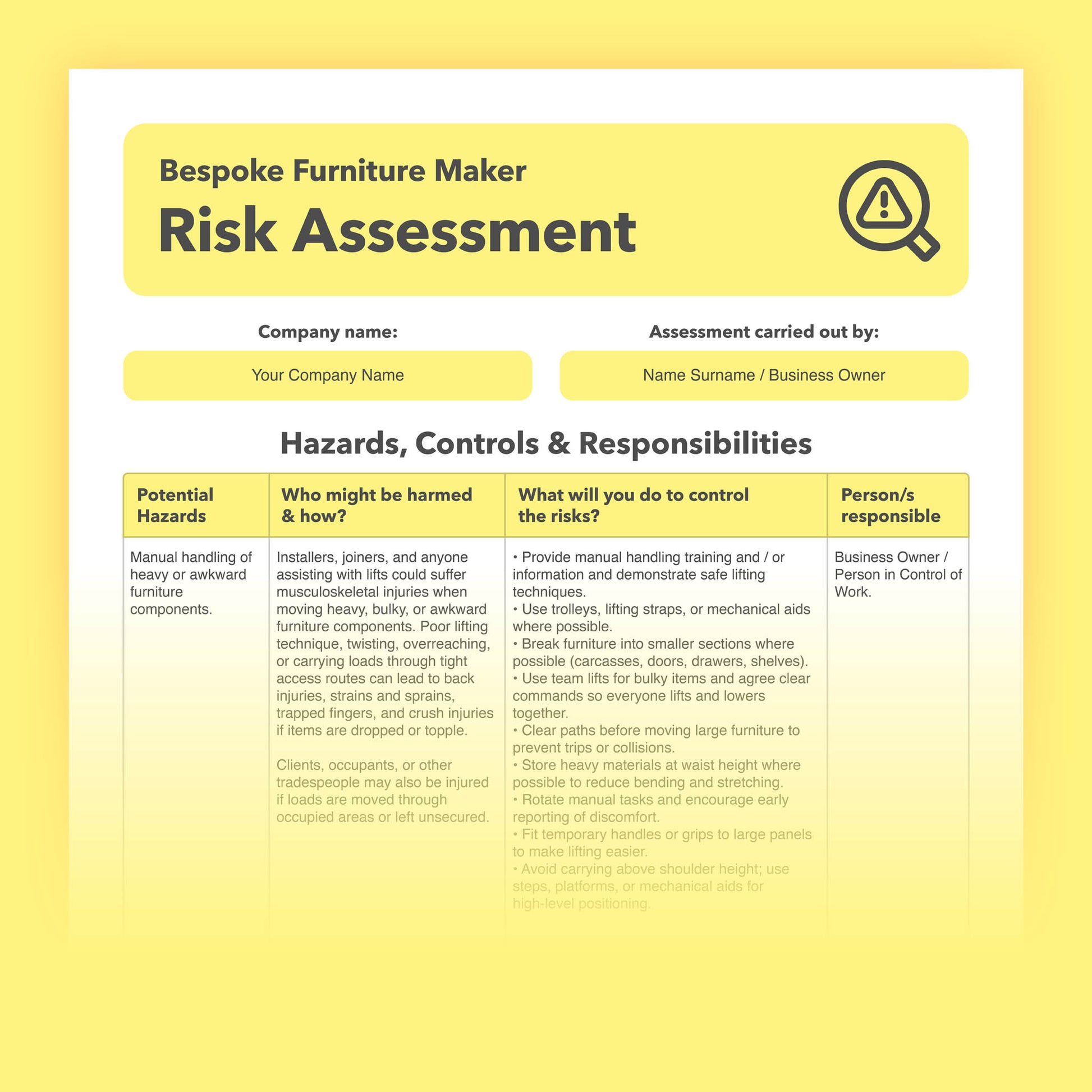 Editable, pre-filled risk assessment template for bespoke furniture makers, bespoke joinery, cabinet makers, and fitted furniture installers – easy to use for quick health and safety compliance.