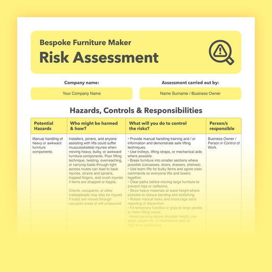 Editable, pre-filled risk assessment template for bespoke furniture makers, bespoke joinery, cabinet makers, and fitted furniture installers – easy to use for quick health and safety compliance.