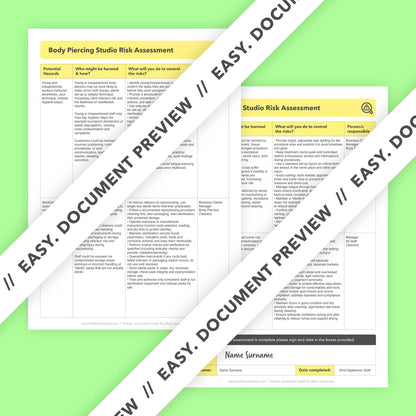 Editable, pre-filled risk assessment template for body piercing studios, piercing shops, and professional body piercers – easy to use for quick health and safety compliance.